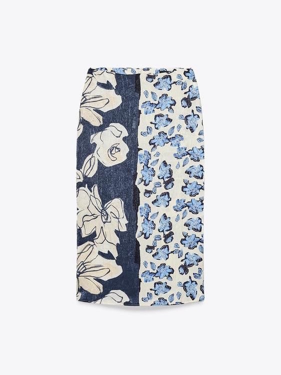 Zara Satin Floral Midi Skirt Two-Tone Navy Cream Light Blue Abstract